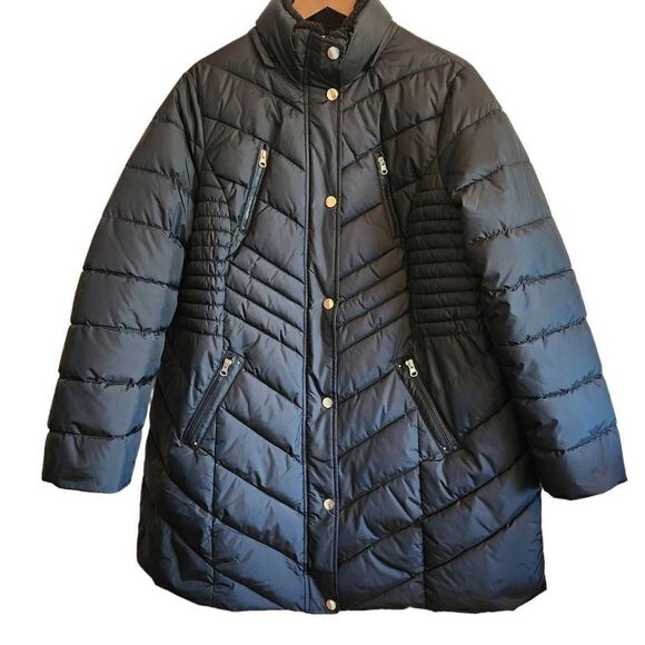 PRESTON and York Black Long Puffer Coat with Faux Fur Hood Plus Size 1X - Picture 1 of 6